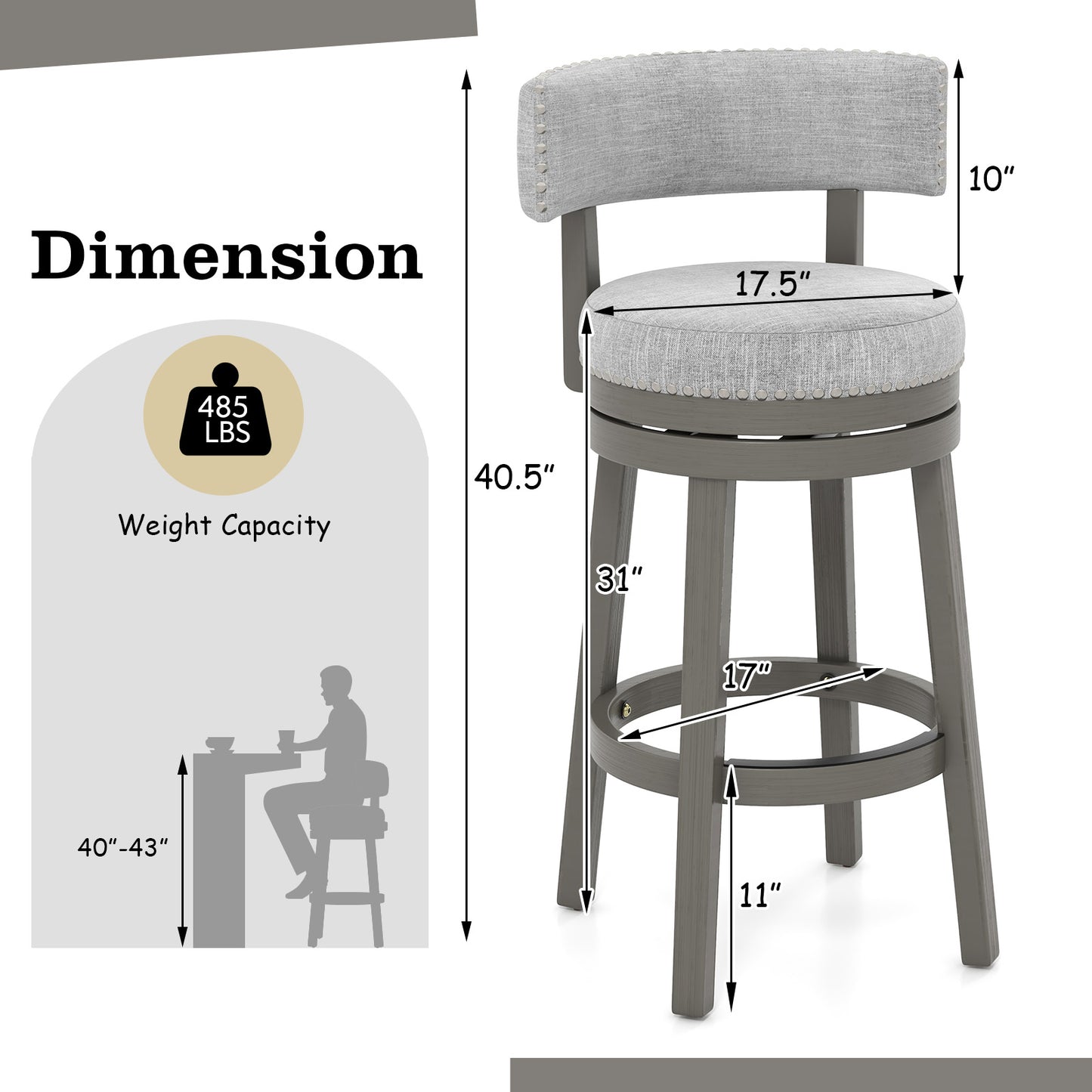 27/31 Inch Swivel Bar Stool with Upholstered Back Seat and Footrest-31 inches