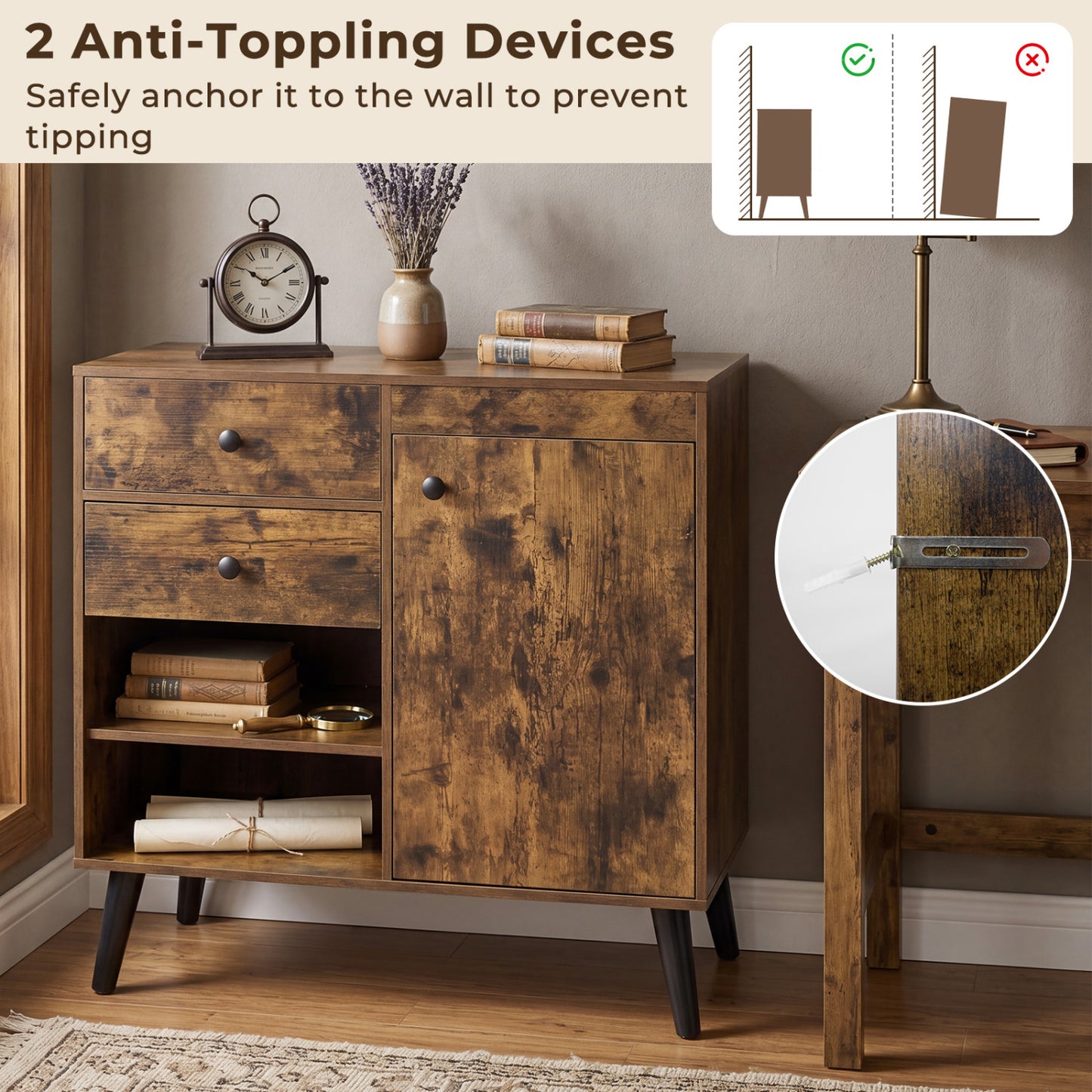 31" Sideboard Cabinet with 2 Drawers and Open Shelves
