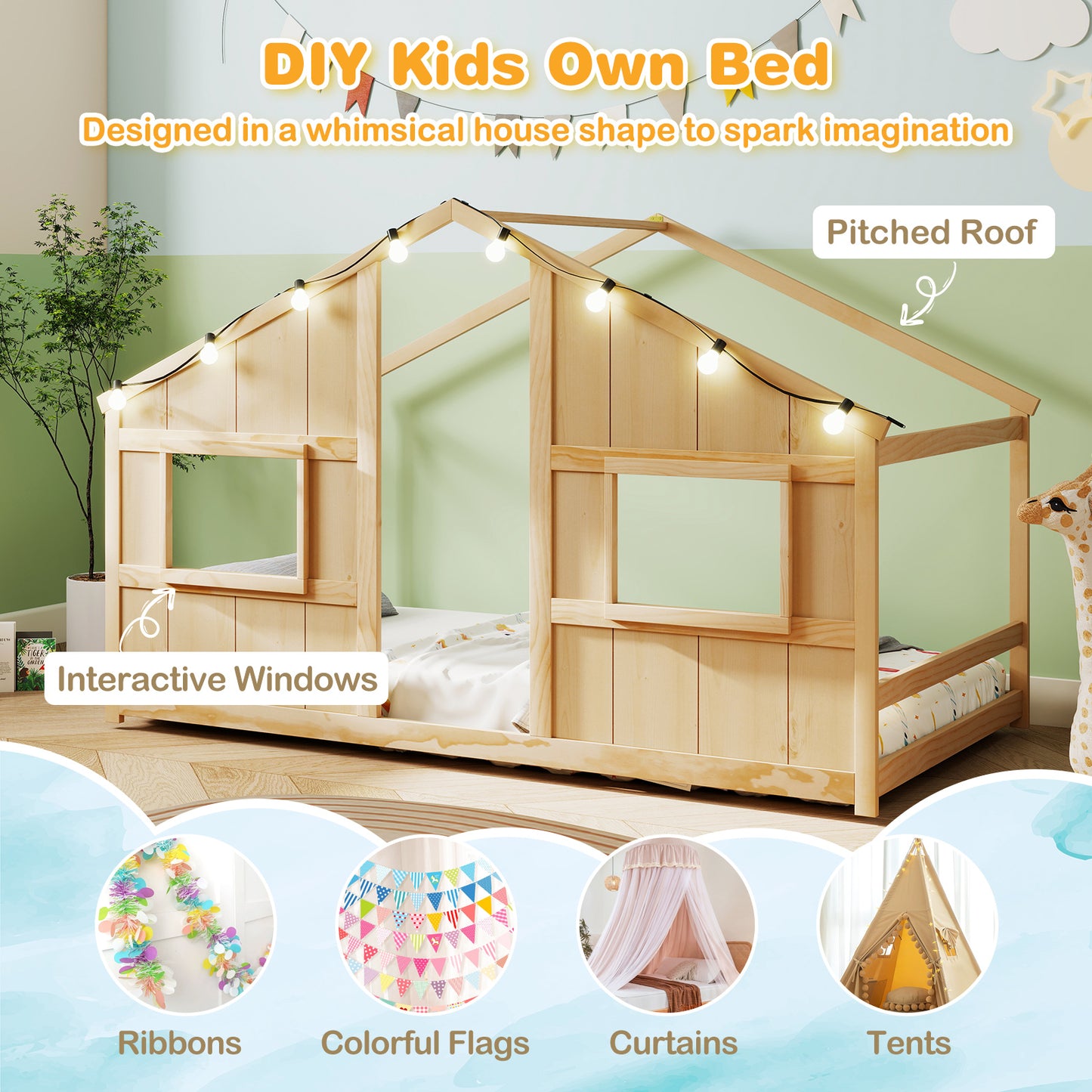 Twin Size House Bed with LED Lights Montessori Slat-free Floor Bed-Natural