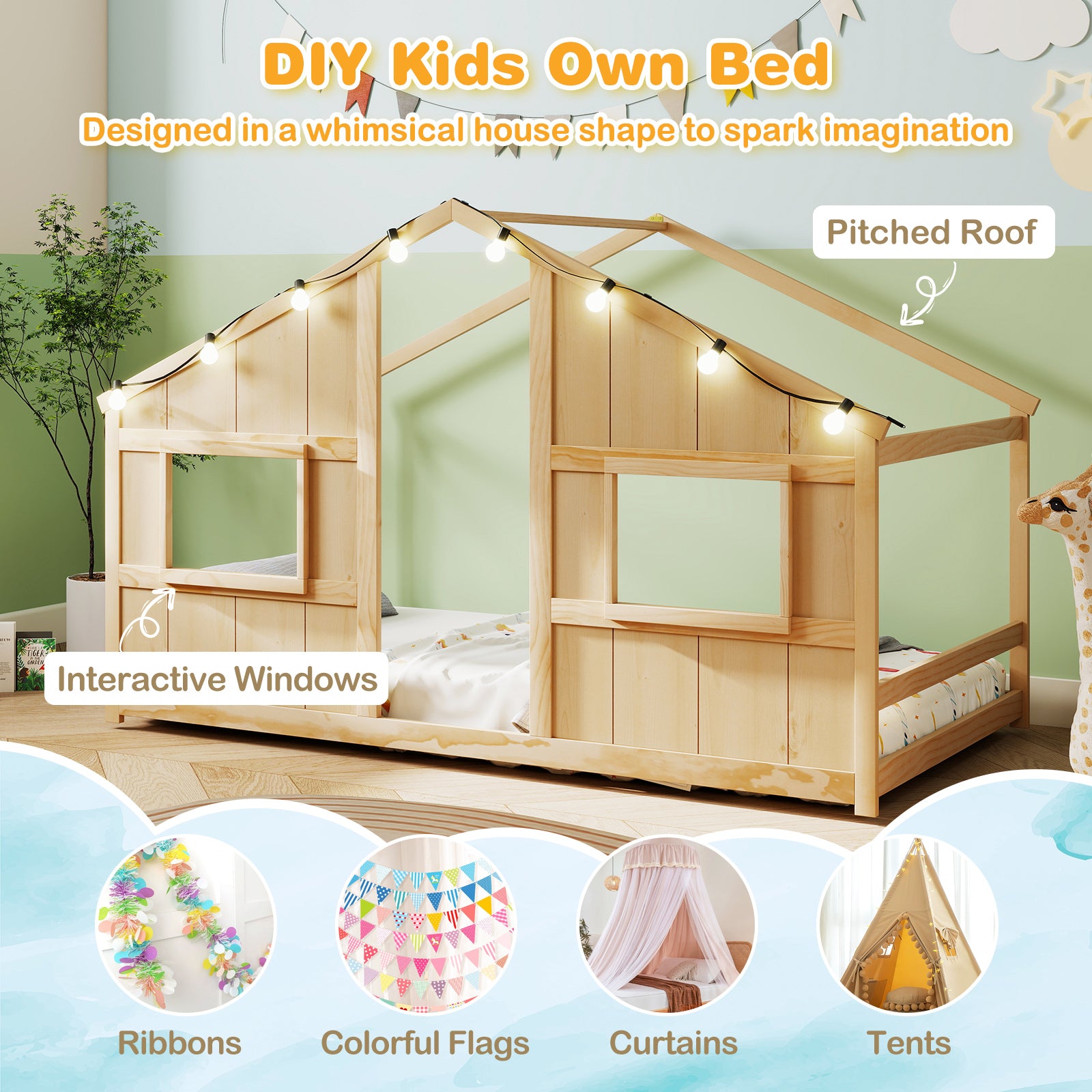 Twin Size House Bed with LED Lights Montessori Slat-free Floor Bed-Natural