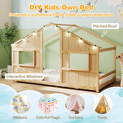 Twin Size House Bed with LED Lights Montessori Slat-free Floor Bed-Natural