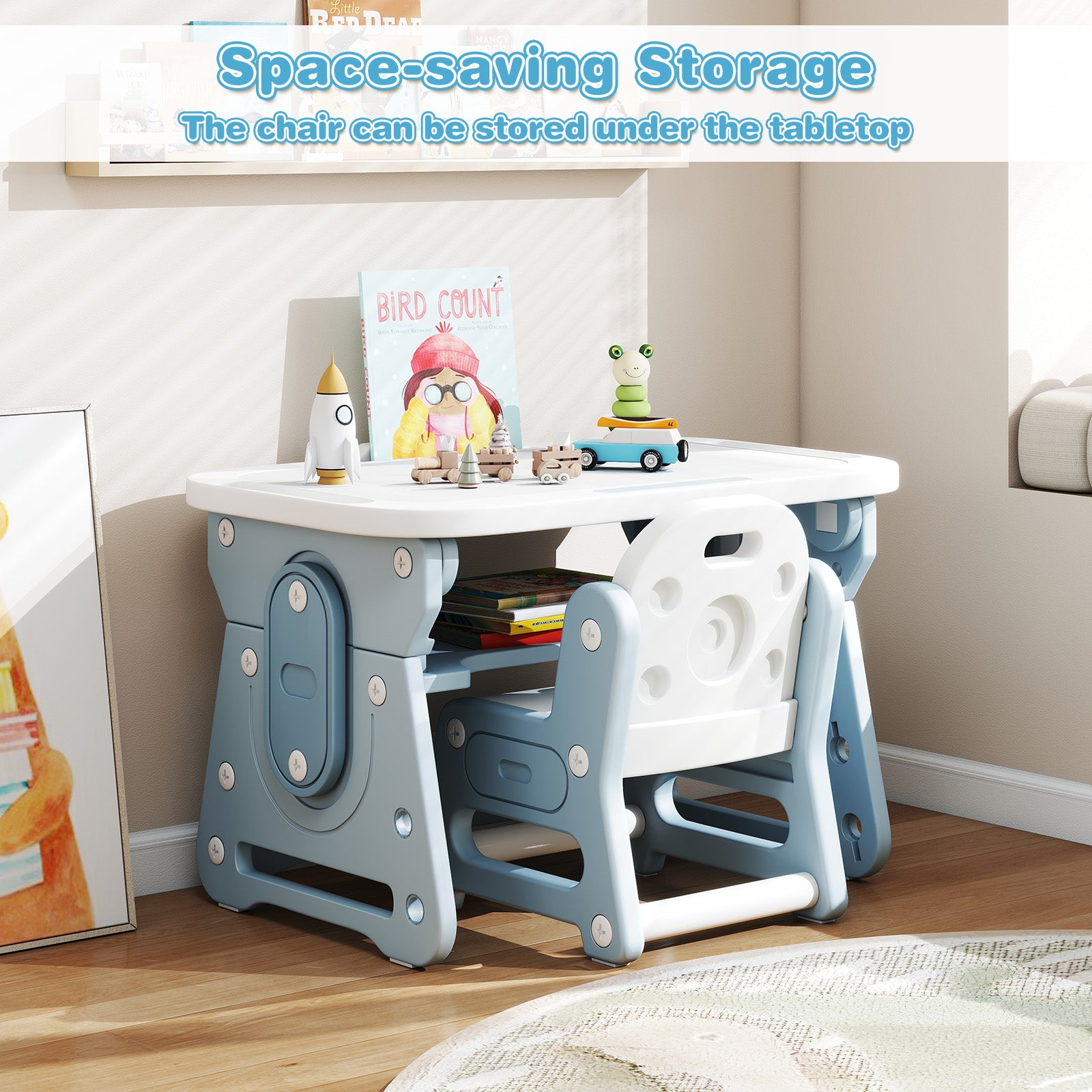 Height Adjustable Kids Table and Chair Set with Tiltable Whiteboard and Concave Shelf-Blue