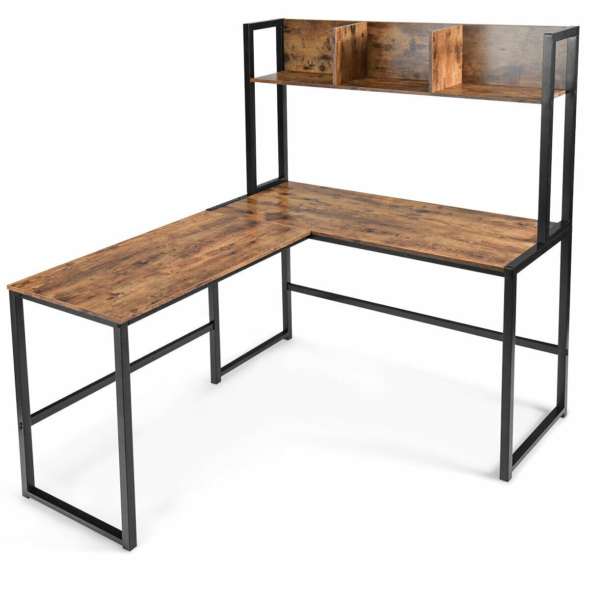 Reversible L-Shaped Corner Desk with Storage Bookshelf-Brown - Brown