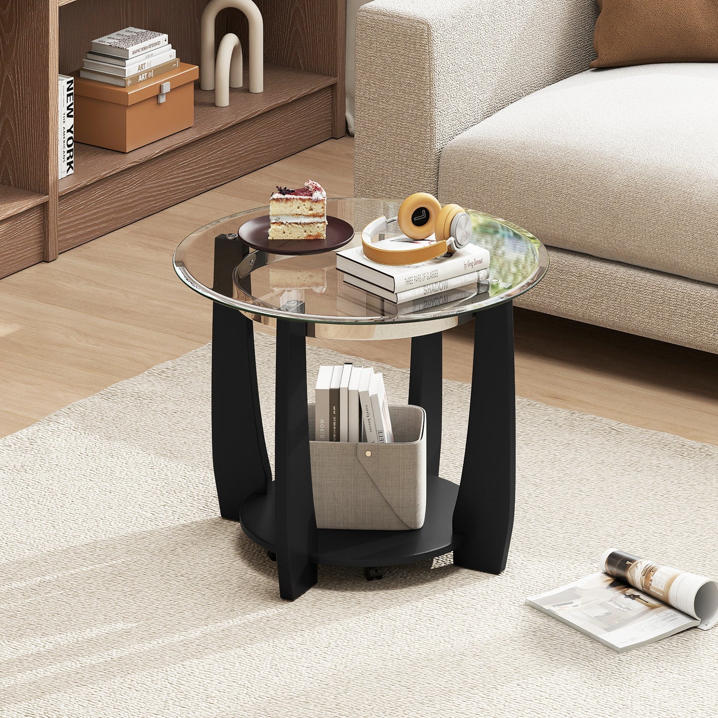 32" 2-Tier Glass Round Coffee Table with Storage Shelf-Black