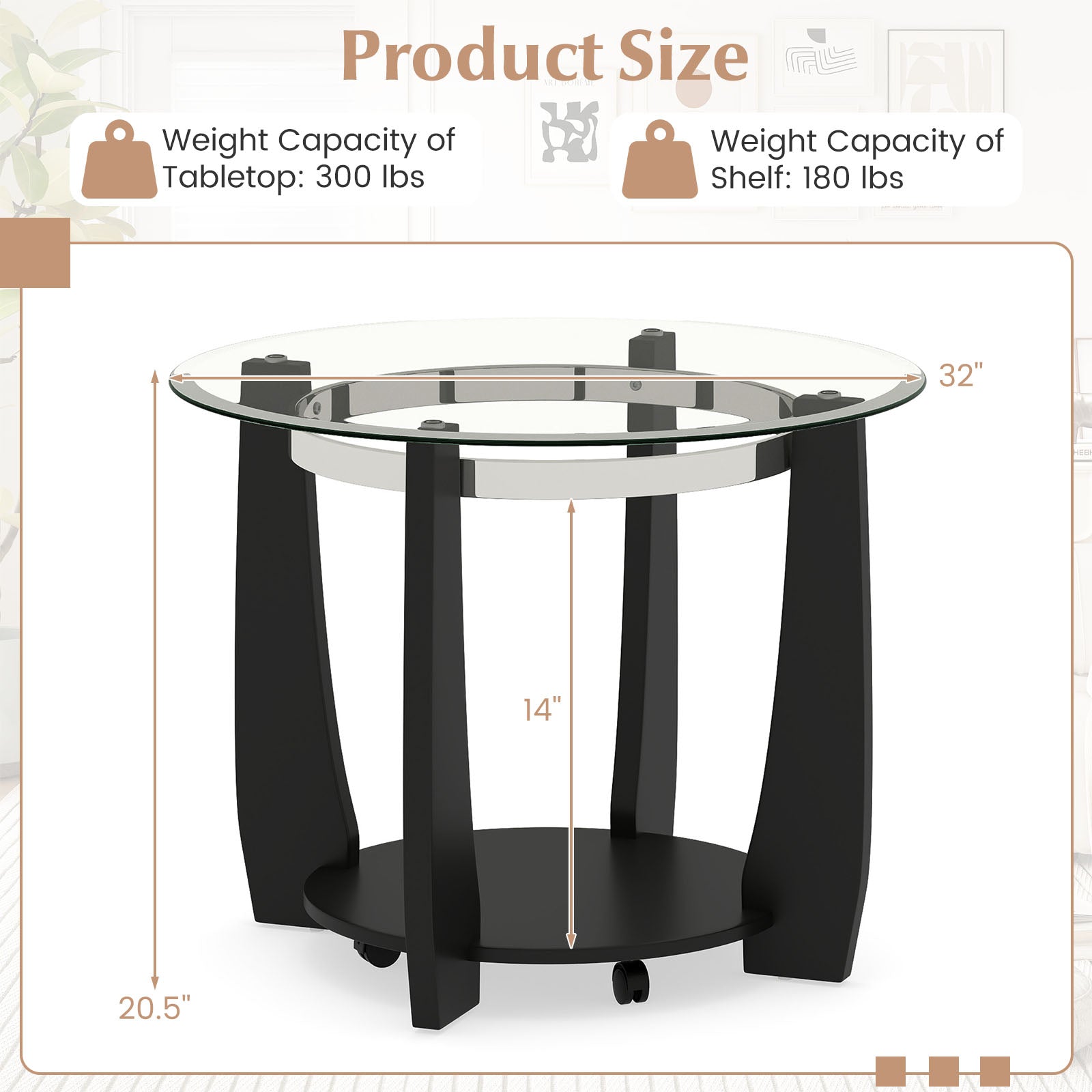 32" 2-Tier Glass Round Coffee Table with Storage Shelf-Black