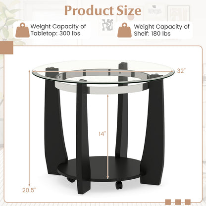 32" 2-Tier Glass Round Coffee Table with Storage Shelf-Black