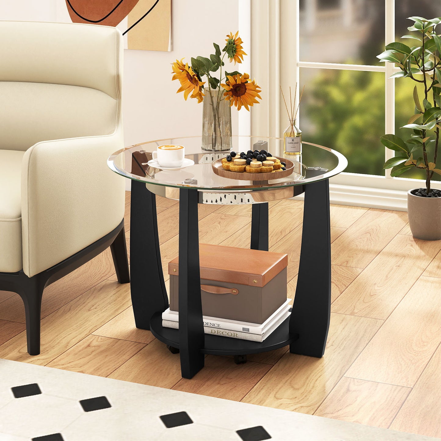 32" 2-Tier Glass Round Coffee Table with Storage Shelf-Black