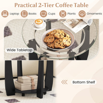 32" 2-Tier Glass Round Coffee Table with Storage Shelf-Black