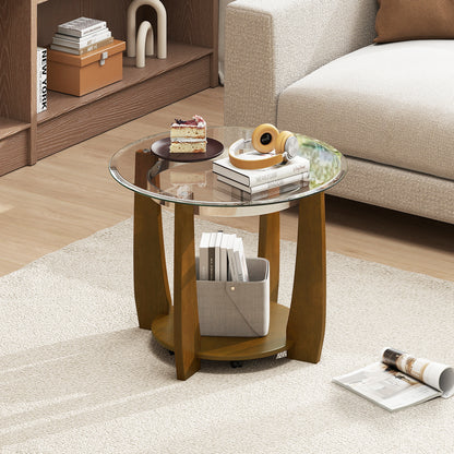 32" 2-Tier Glass Round Coffee Table with Storage Shelf-Walnut