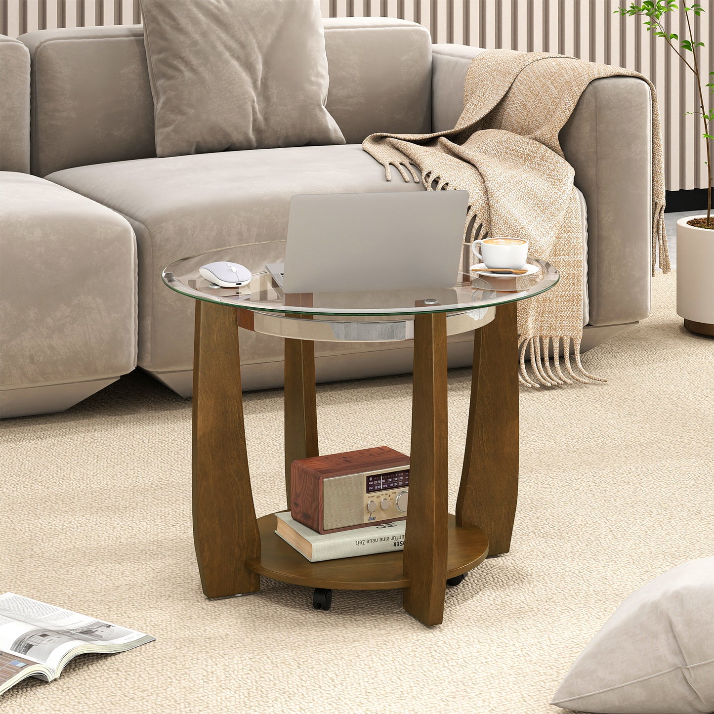 32" 2-Tier Glass Round Coffee Table with Storage Shelf-Walnut