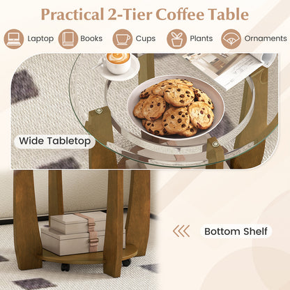 32" 2-Tier Glass Round Coffee Table with Storage Shelf-Walnut