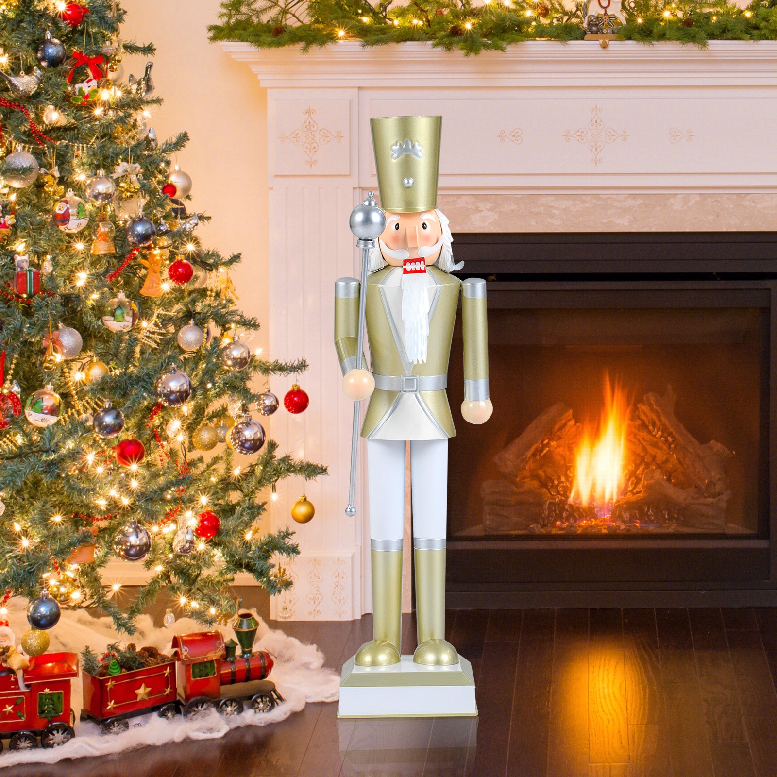 32.5 Inch Christmas Nutcracker with High Hat and Beautiful Scepter-White & Golden