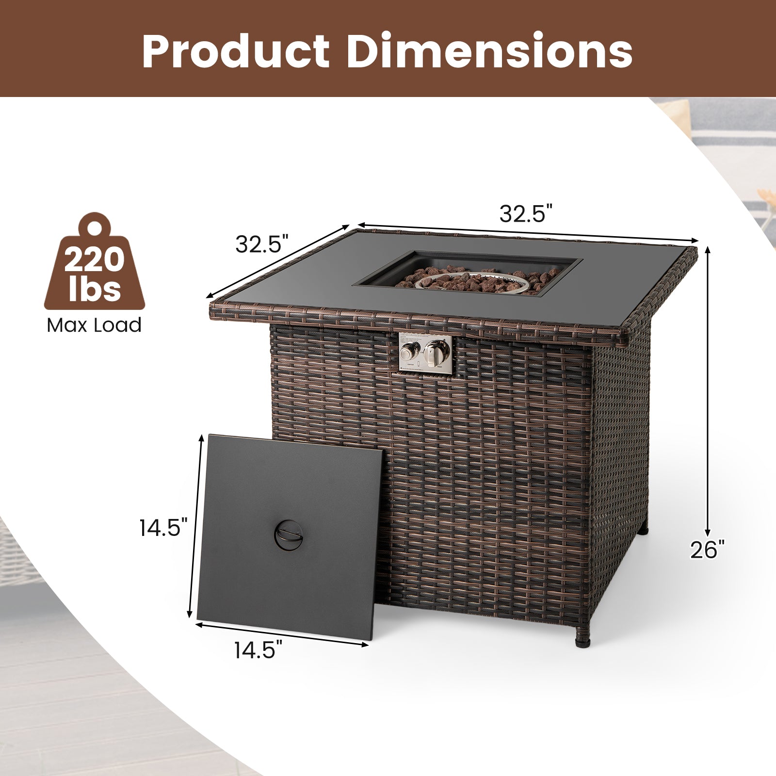 32.5 Inch Propane Fire Pit Table 5000 BTU with Tempered Glass Tabletop-Brown