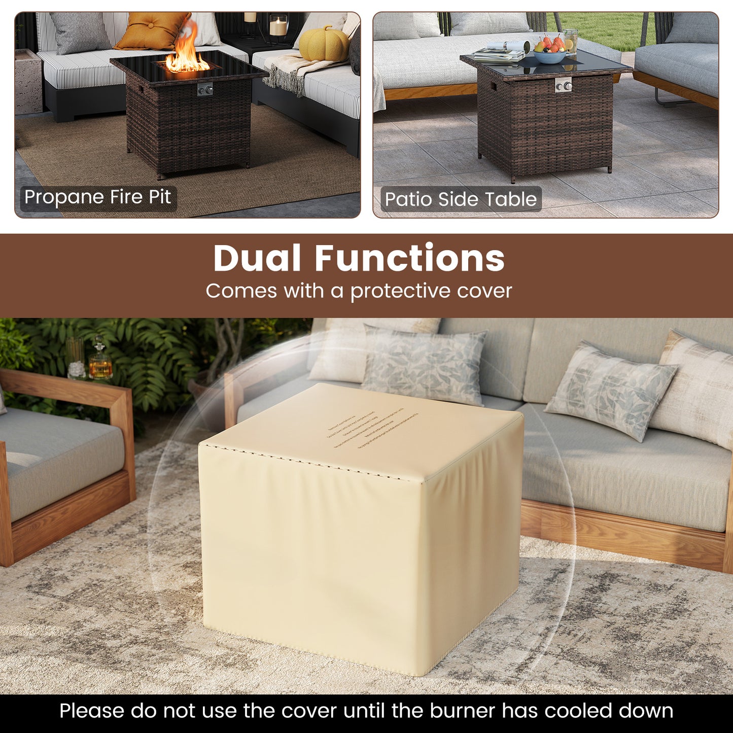 32.5 Inch Propane Fire Pit Table 5000 BTU with Tempered Glass Tabletop-Brown