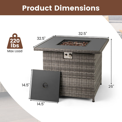 32.5 Inch Propane Fire Pit Table 5000 BTU with Tempered Glass Tabletop-Gray