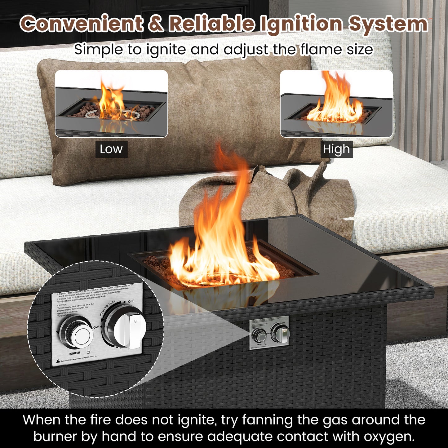 32.5 Inch Propane Fire Pit Table 5000 BTU with Tempered Glass Tabletop-Black