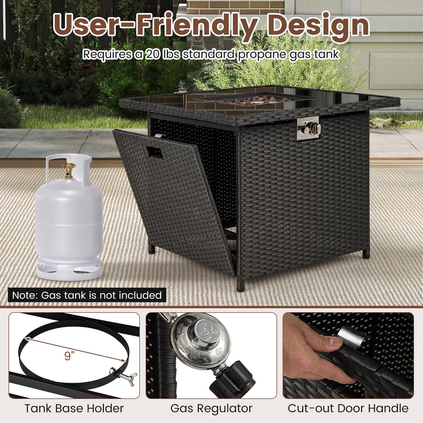 32.5 Inch Propane Fire Pit Table 5000 BTU with Tempered Glass Tabletop-Black