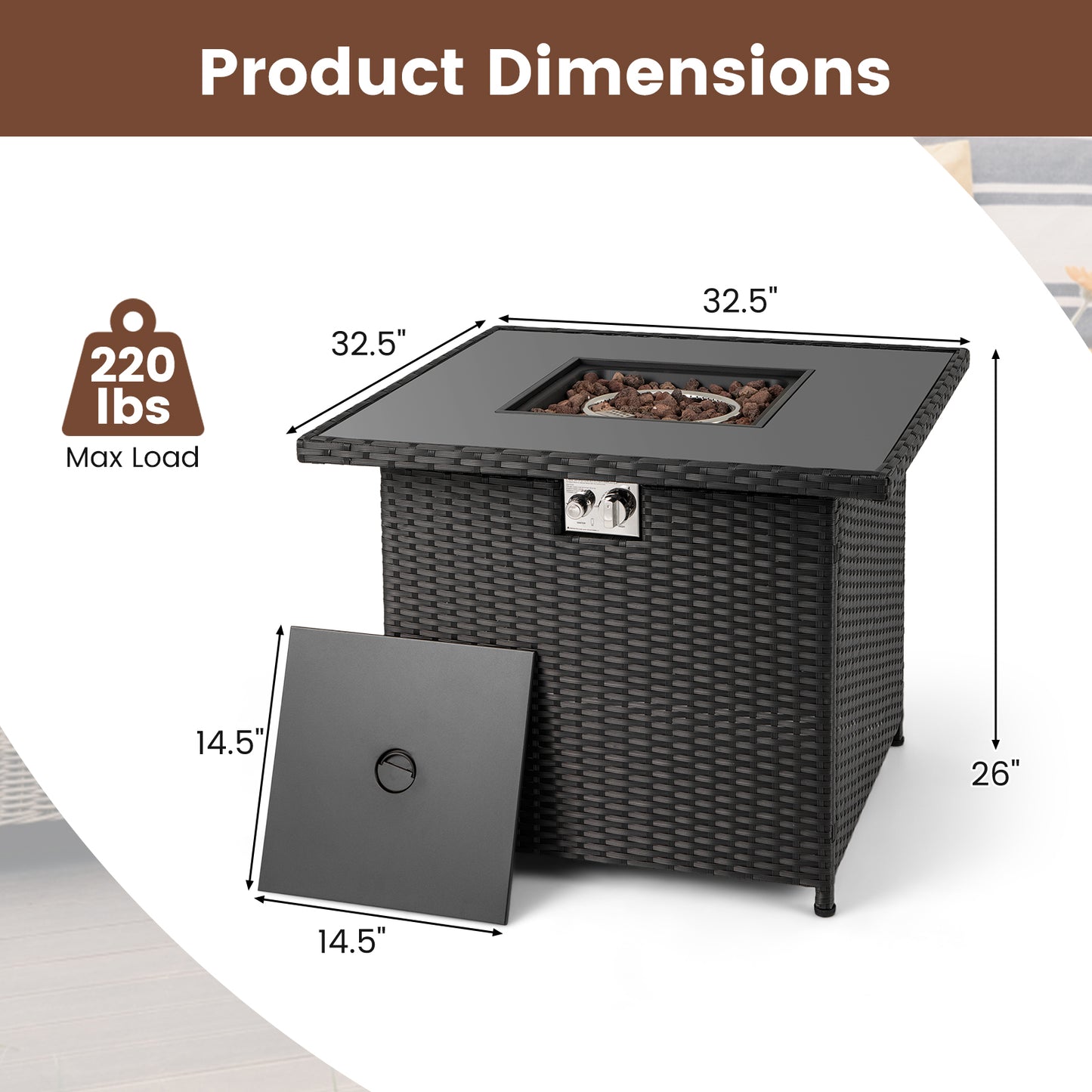 32.5 Inch Propane Fire Pit Table 5000 BTU with Tempered Glass Tabletop-Black