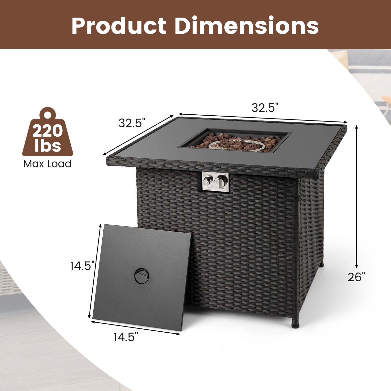 32.5 Inch Propane Fire Pit Table 5000 BTU with Tempered Glass Tabletop-Black