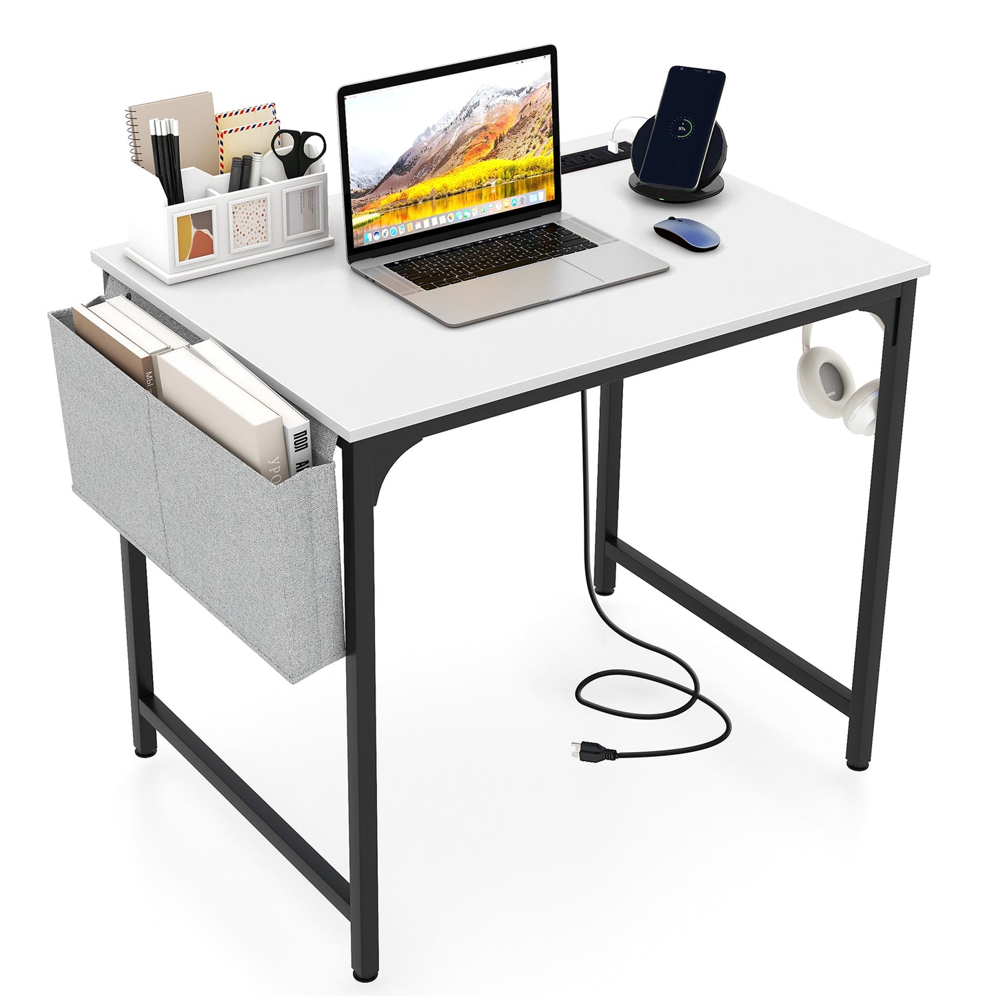 32 Inch Home Office Desk with Charging Station Storage Bag and Headphone Hook-Rustic Brown - White