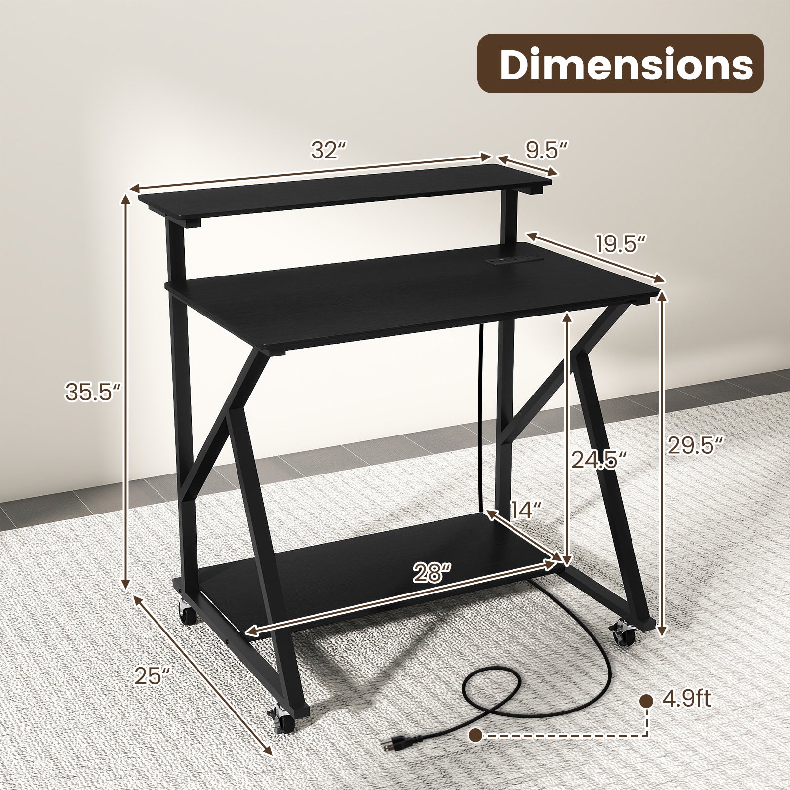 32 Inch Rolling Computer Desk for Small Spaces with Power Outlets-Black