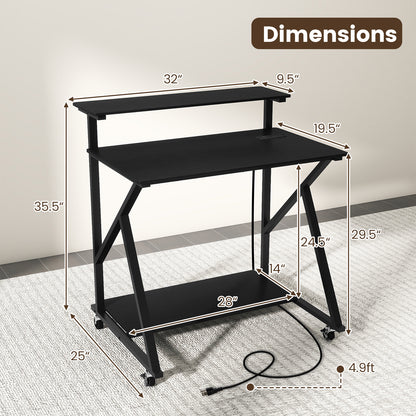 32 Inch Rolling Computer Desk for Small Spaces with Power Outlets-Black