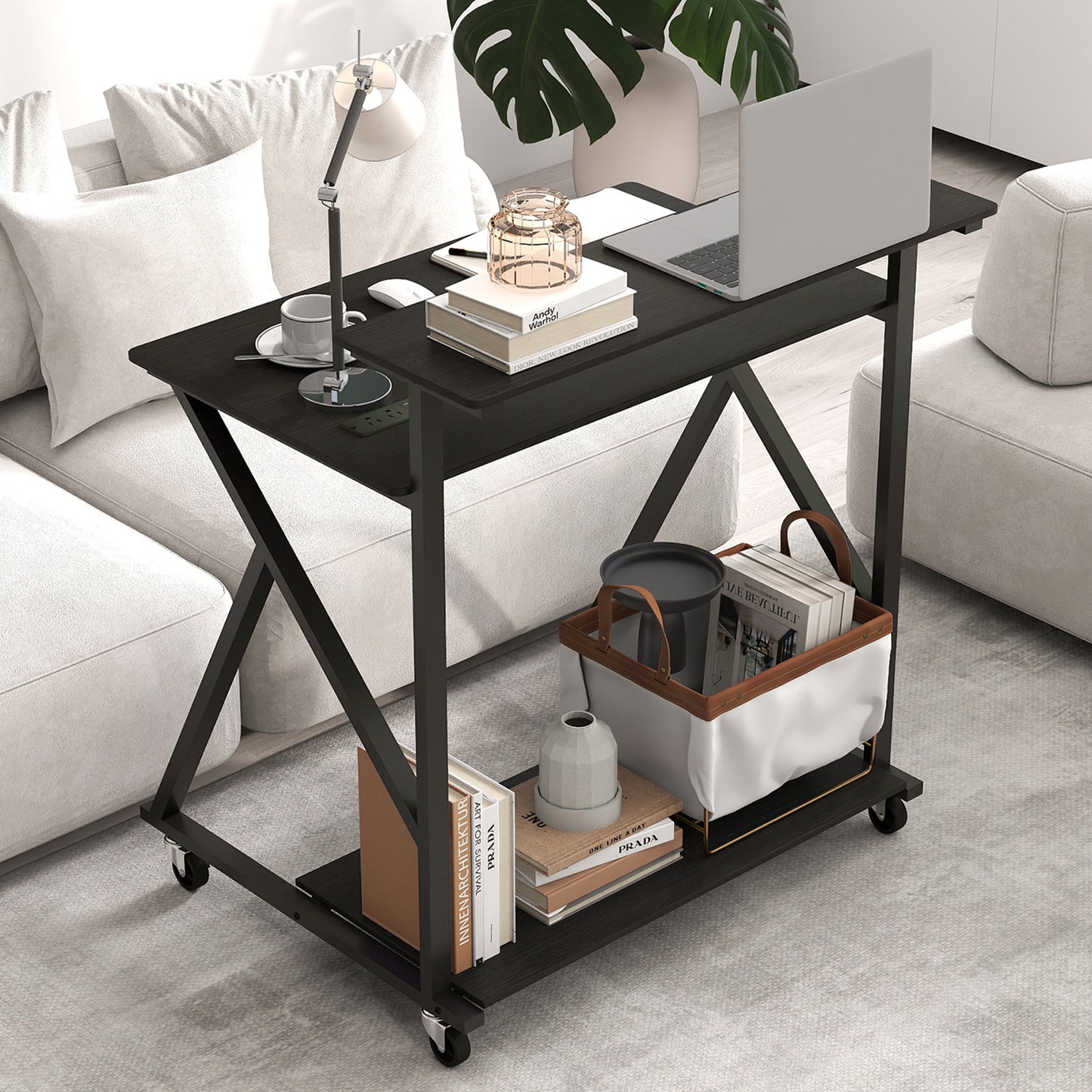 32 Inch Rolling Computer Desk for Small Spaces with Power Outlets-Black