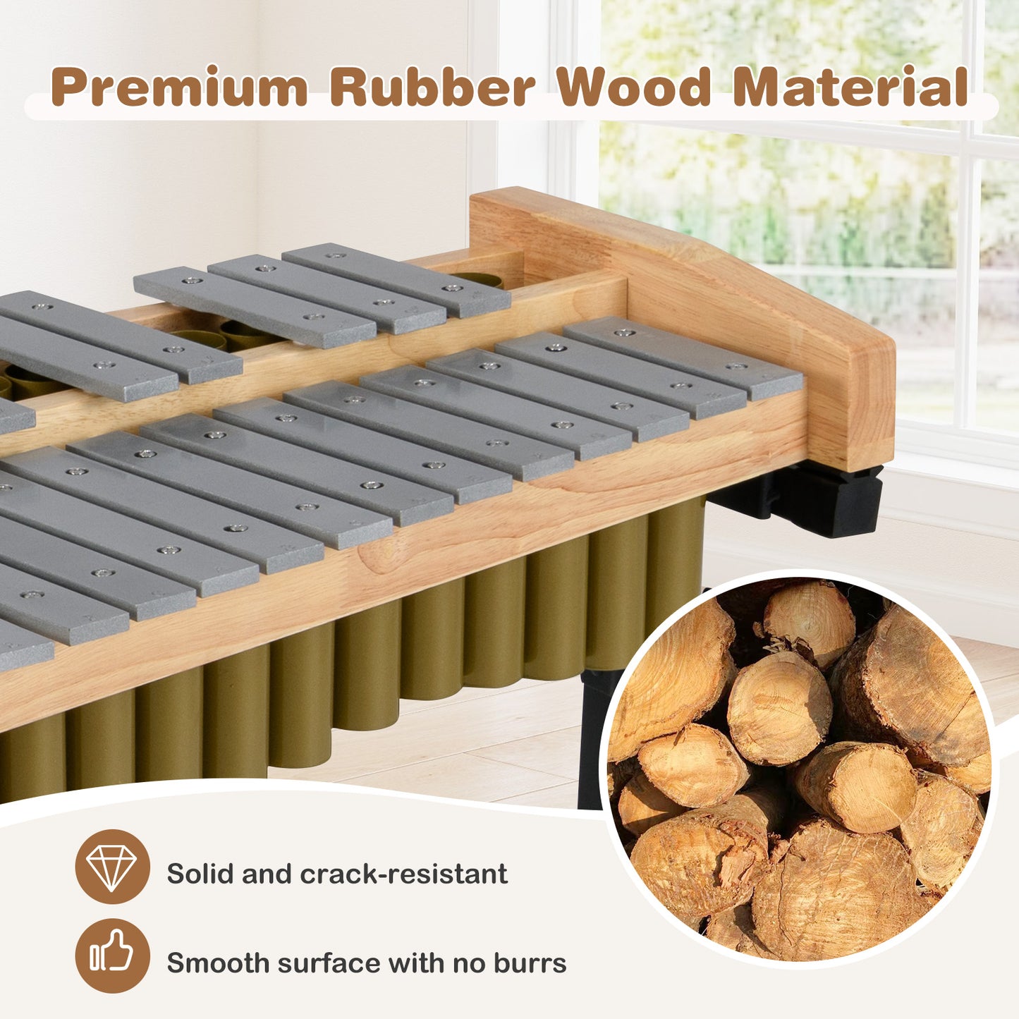 32 Note Marimba Aluminum Xylophone with Rubber Wood Base-Golden