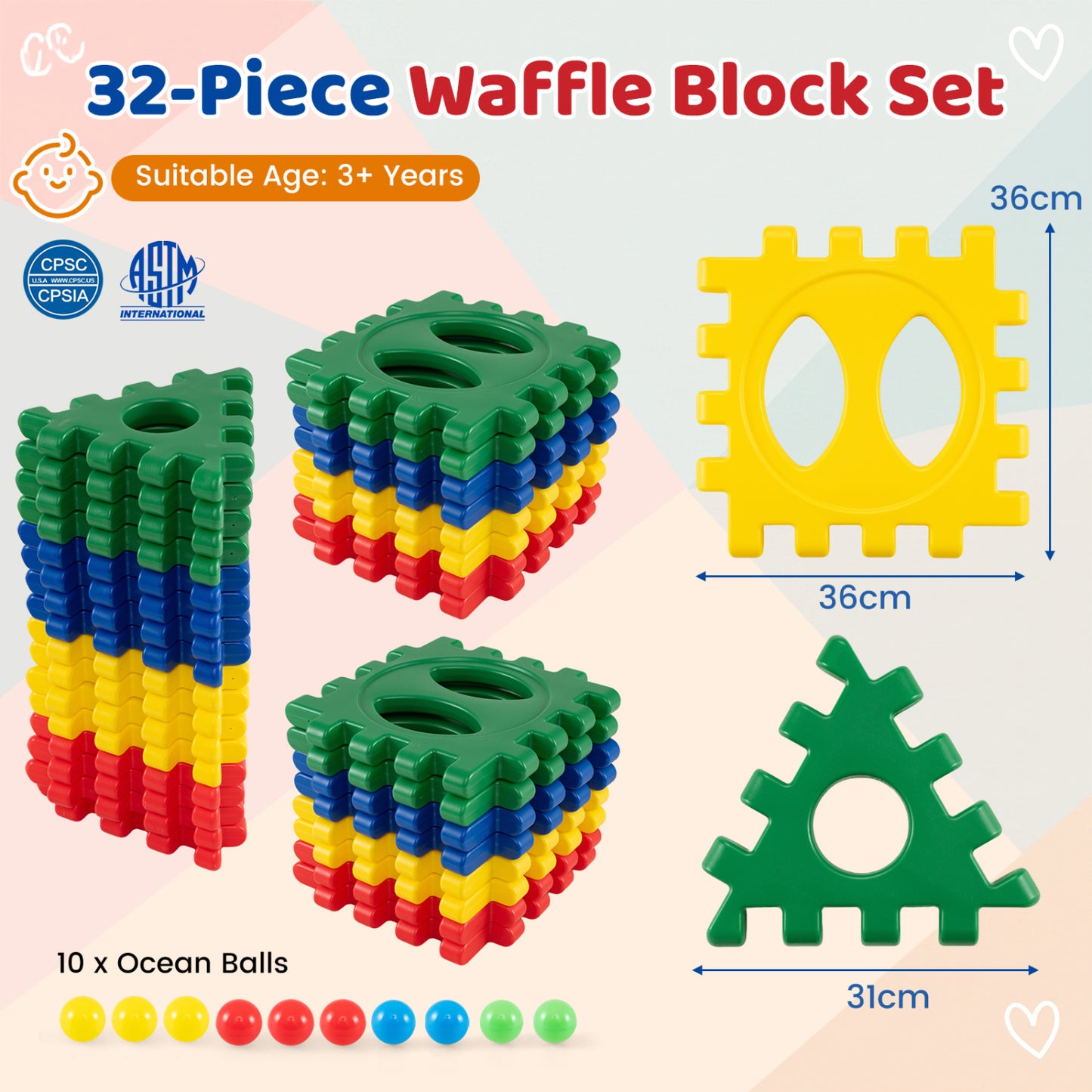 Oversized Waffle Block Set 32-Piece with Ocean Balls
