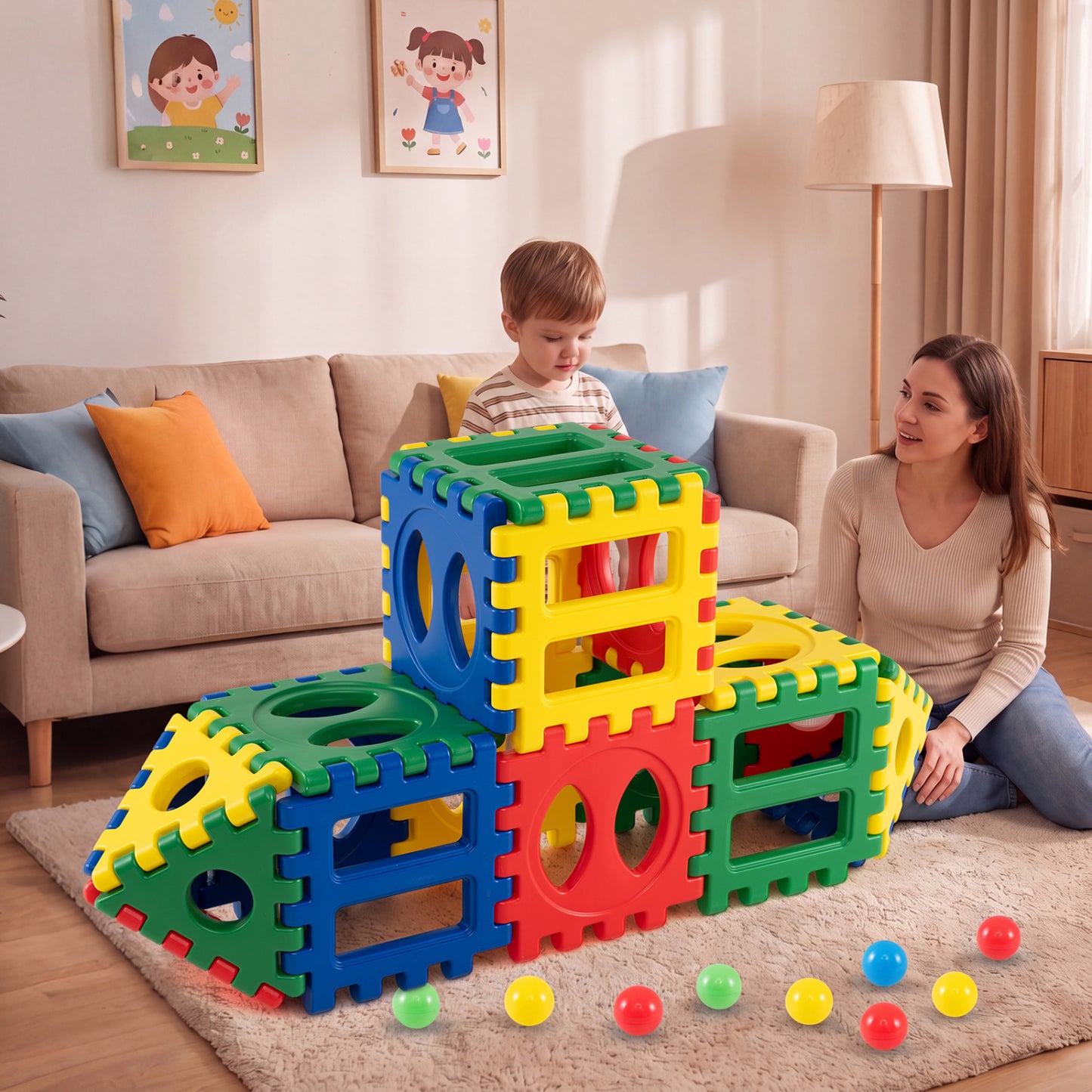 Oversized Waffle Block Set 32-Piece with Ocean Balls