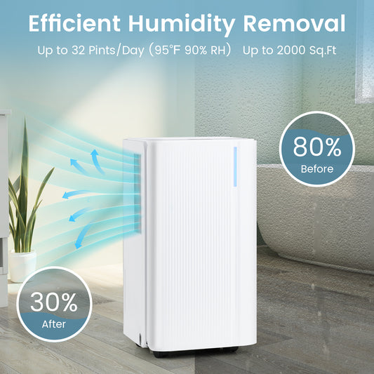 32 Pints 2000 Sq.ft Portable Dehumidifier for Home and Basement-White