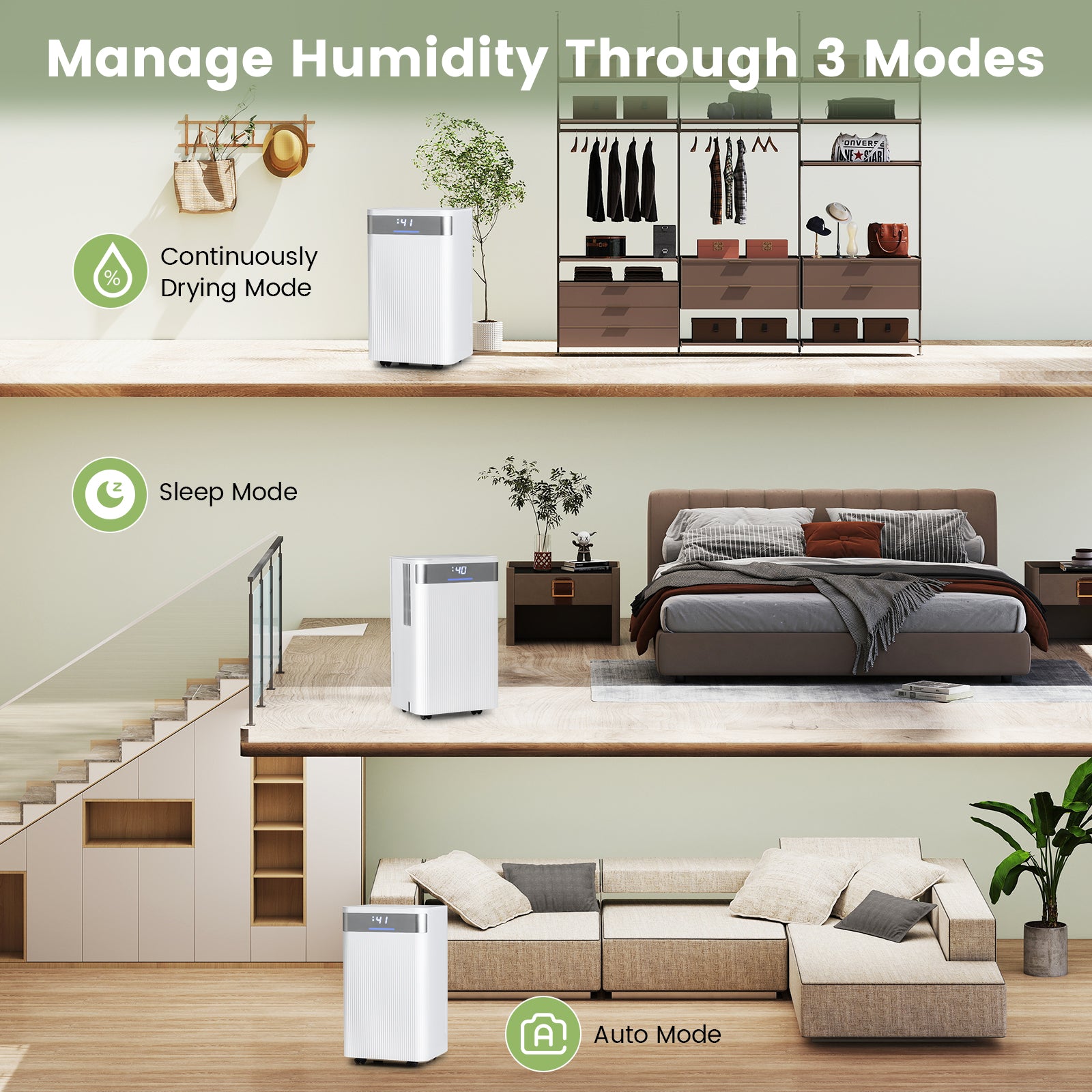 32 Pints 2000 Sq.ft Quiet Dehumidifier for Home with 3 Modes-White