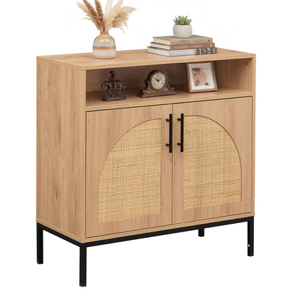 32" Sideboard Buffet Cabinet with 2 Natural Rattan Decorated Doors and Adjustable Shelf