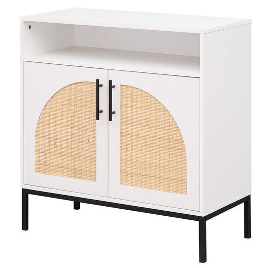 32" Sideboard Buffet Cabinet with 2 Natural Rattan Decorated Doors and Adjustable Shelf
