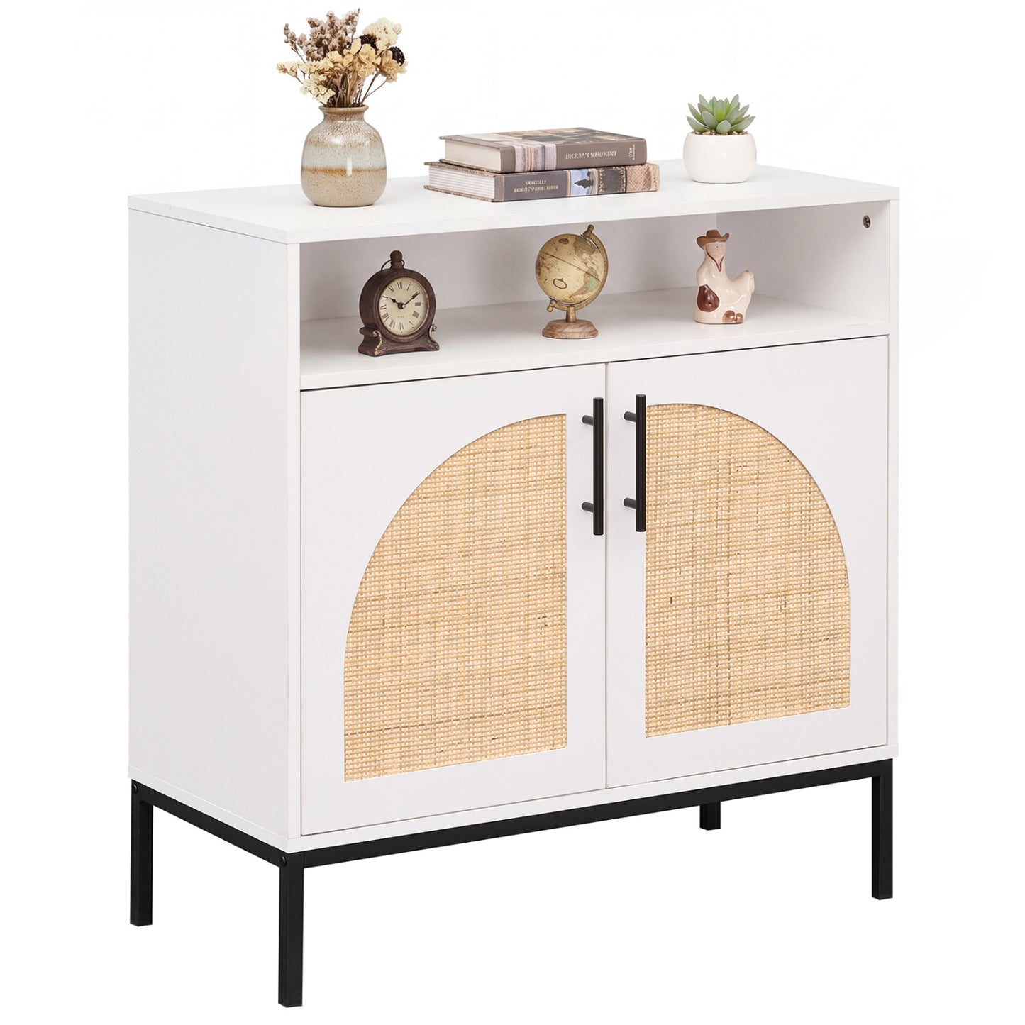 32" Sideboard Buffet Cabinet with 2 Natural Rattan Decorated Doors and Adjustable Shelf