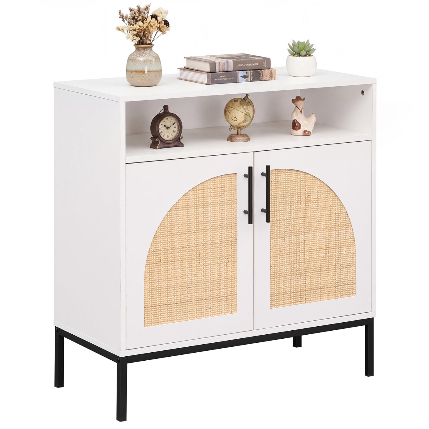 32" Sideboard Buffet Cabinet with 2 Natural Rattan Decorated Doors and Adjustable Shelf