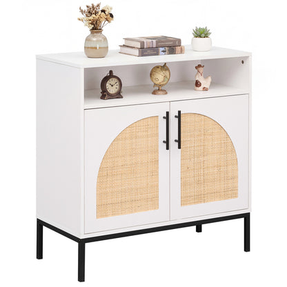 32" Sideboard Buffet Cabinet with 2 Natural Rattan Decorated Doors and Adjustable Shelf