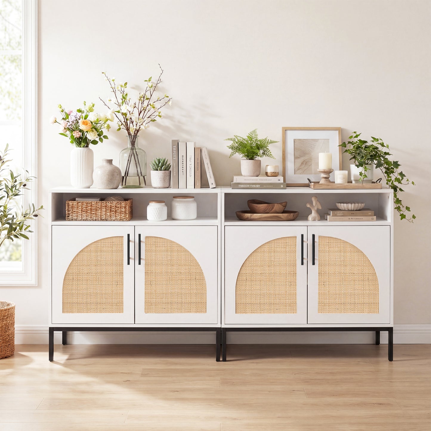 32" Sideboard Buffet Cabinet with 2 Natural Rattan Decorated Doors and Adjustable Shelf