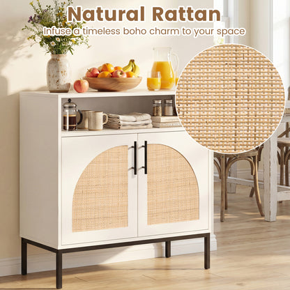 32" Sideboard Buffet Cabinet with 2 Natural Rattan Decorated Doors and Adjustable Shelf