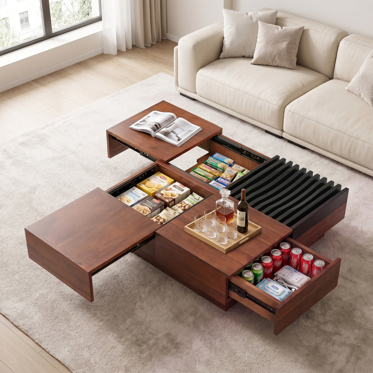 32" Square Coffee Table with Storage Tray and Hidden Compartments