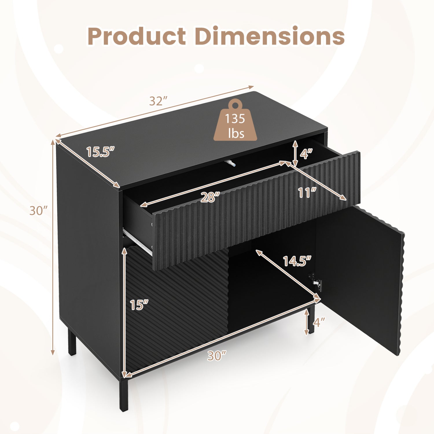 32" Wide Buffet Cabinet with 2 Doors and 1 Drawer for Kitchen