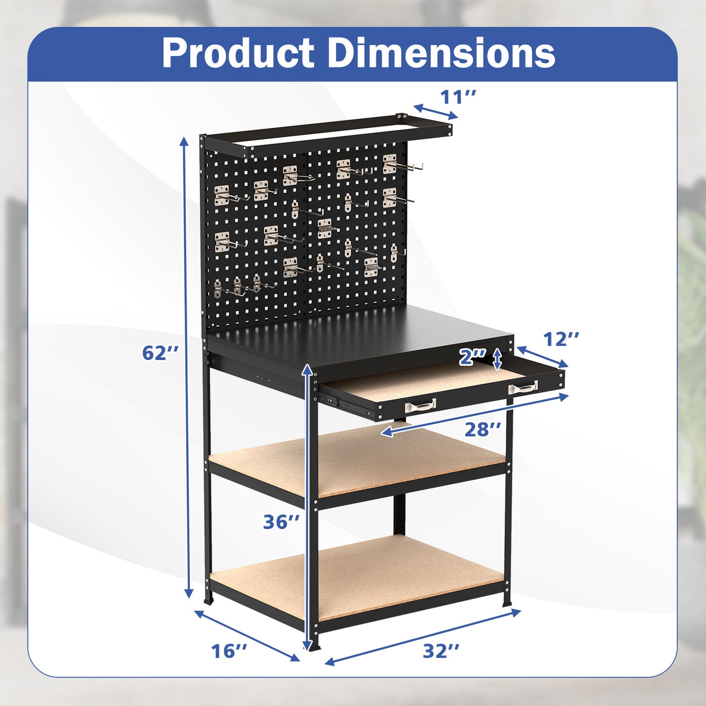 32 x 16 Inch Workbench Work Table with 2 PCs Pegboard Drawer and Shelves