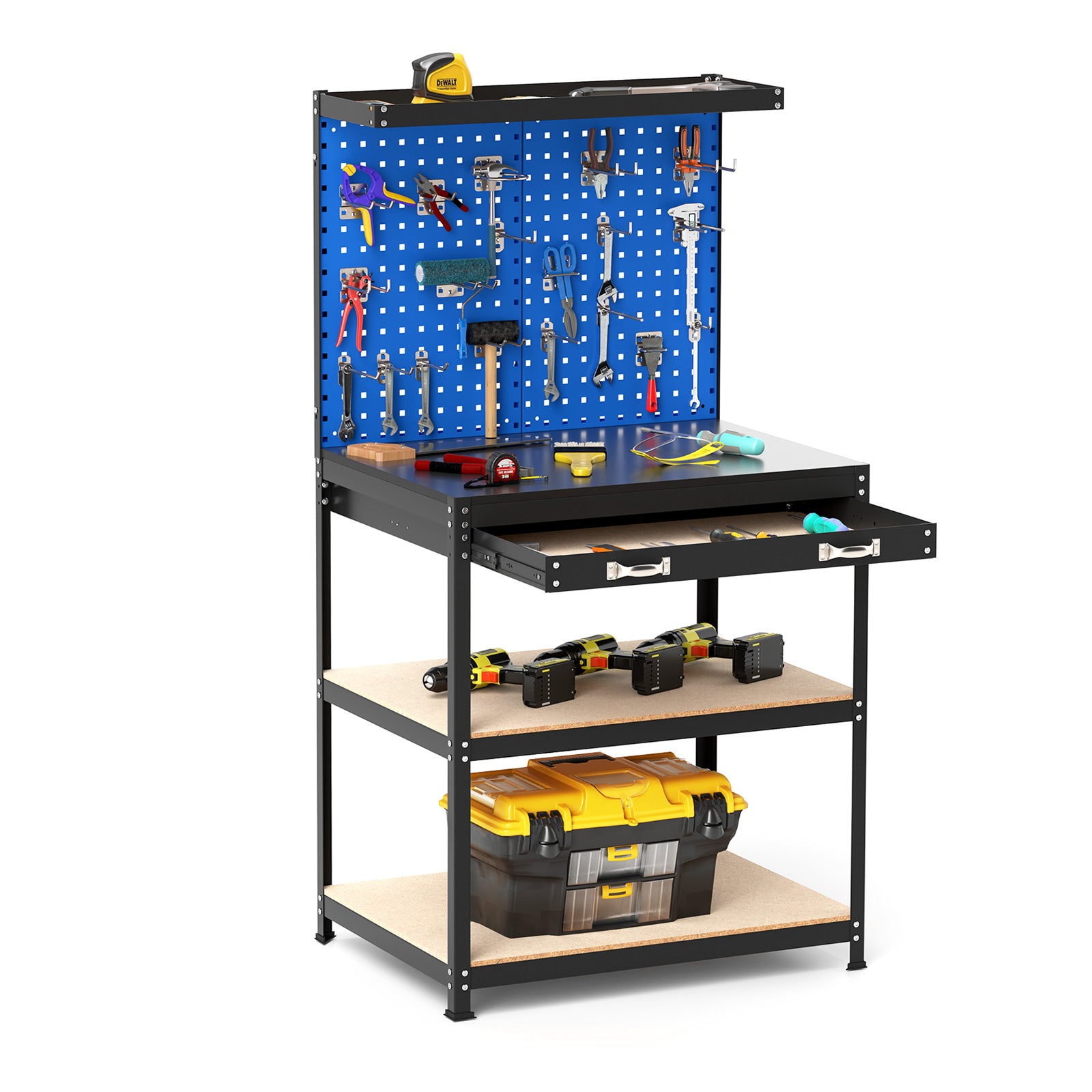 32 x 16 Inch Workbench Work Table with 2 PCs Pegboard Drawer and Shelves-Black - Navy