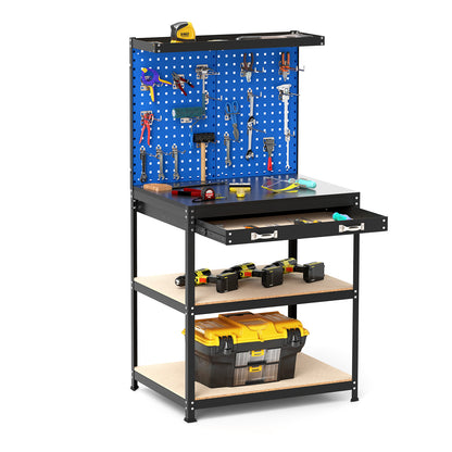 32 x 16 Inch Workbench Work Table with 2 PCs Pegboard Drawer and Shelves-Black - Navy