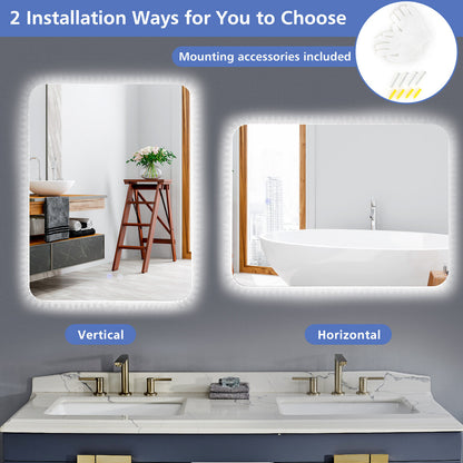 32 x 24 Inch Shatterproof Wall Mirror with 3-Color Lights and Anti-Fog Function