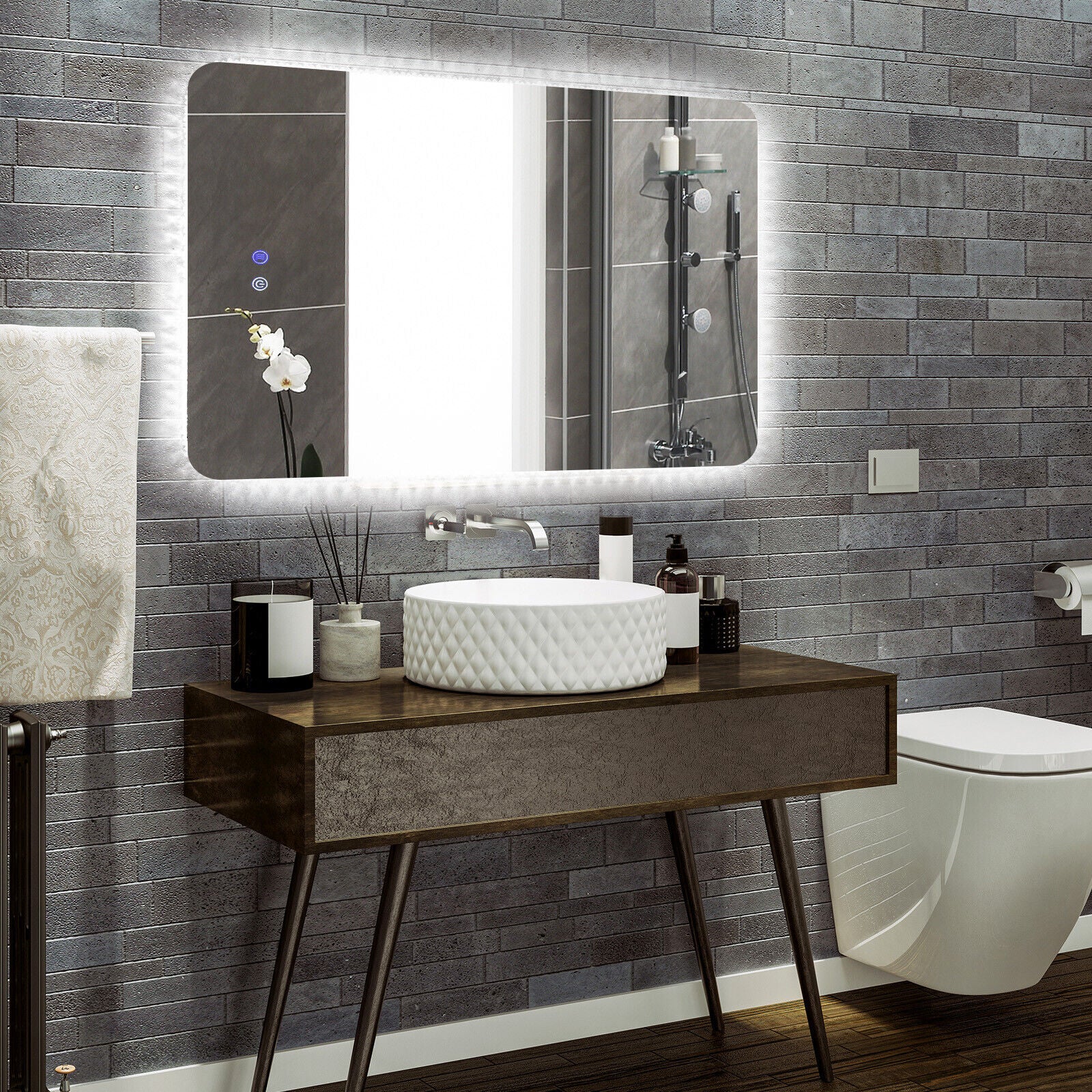 32 x 24 Inch Shatterproof Wall Mirror with 3-Color Lights and Anti-Fog Function