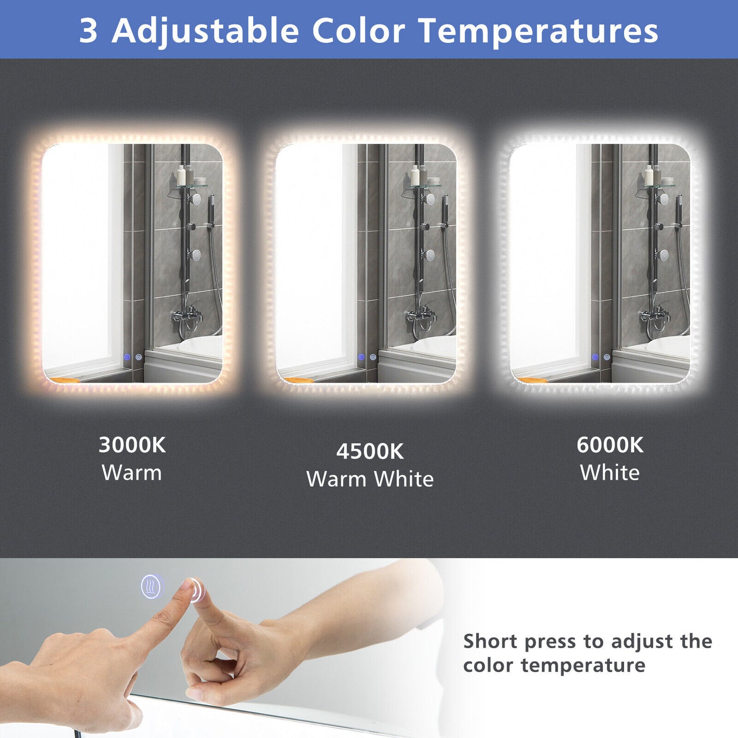 32 x 24 Inch Shatterproof Wall Mirror with 3-Color Lights and Anti-Fog Function