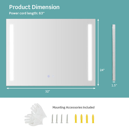 32 x 24 Inch Quadrate Wall Mirror with 3-Color Lights and Anti-Fog Function
