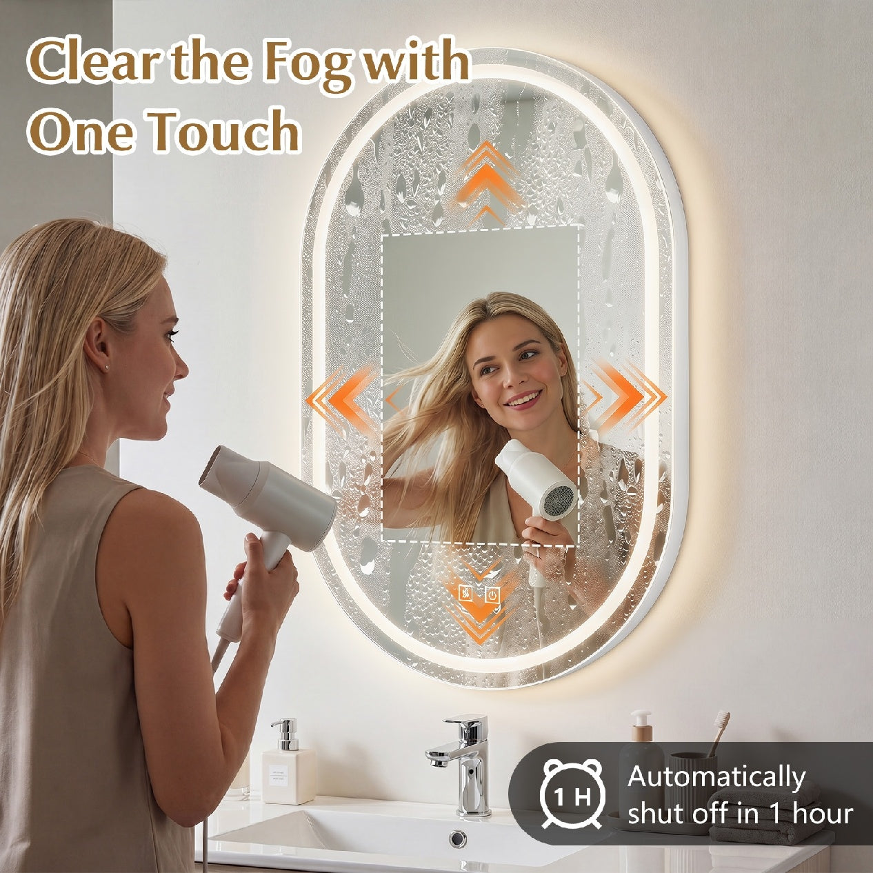 Oval LED Bathroom Mirror 32x20" with Dimming & Defogger