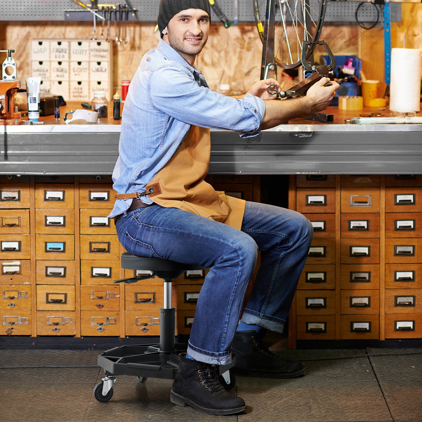 330 LBS Capacity Pneumatic Rolling Mechanic Stool with Padded Seat